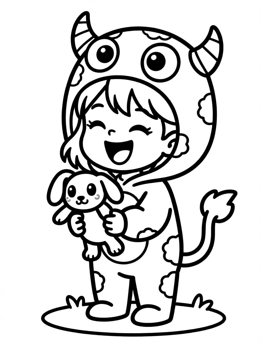 Boo in her monster costume, giggling and holding a toy.