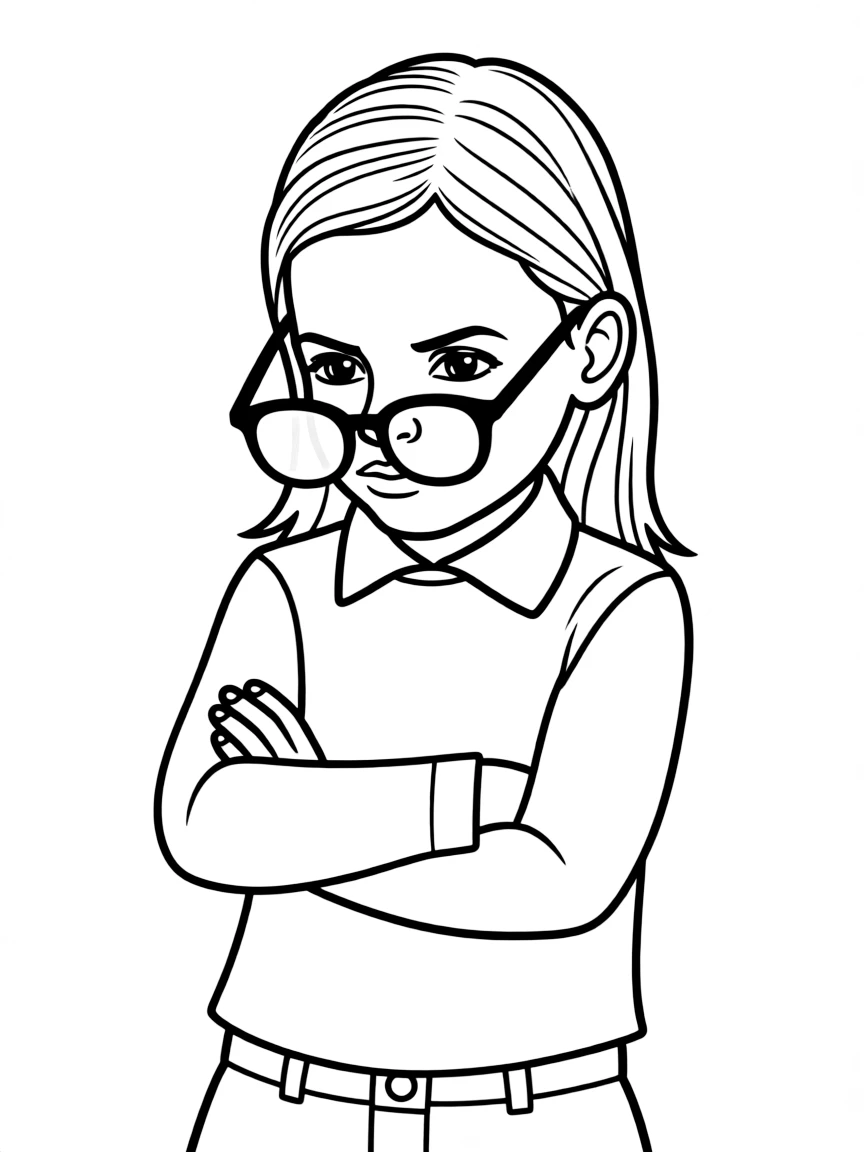 Roz giving a stern look, with her glasses pushed down her nose.