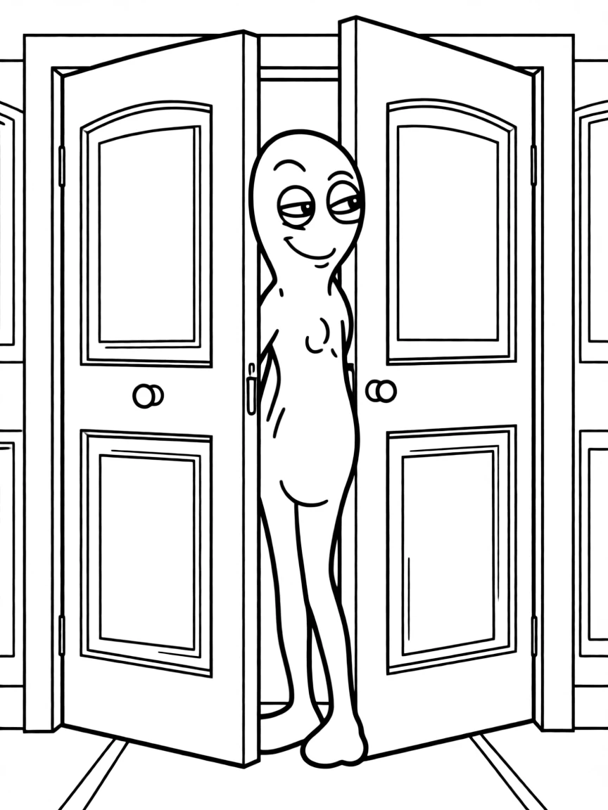 Randall Boggs looking slimy and sneaky, trying to sneak through doors.