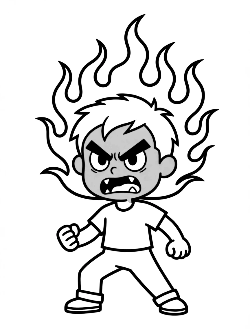 Anger looking fiery red, with flames coming from his head.
