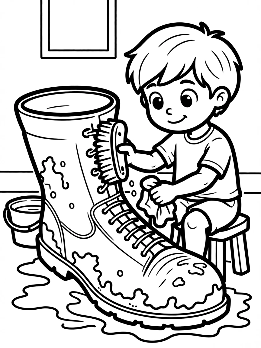 M-O cleaning a dirty boot, looking very focused.