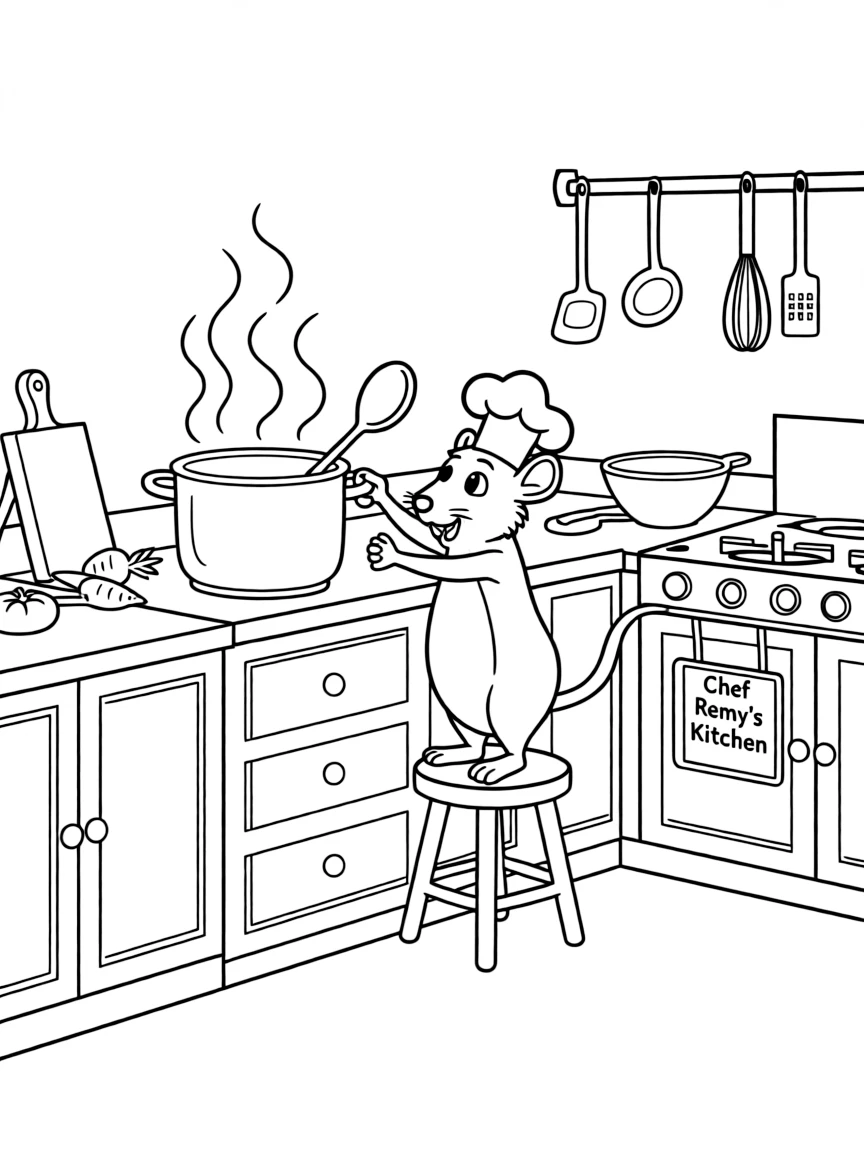 Remy the rat cooking in a fancy kitchen, with a tiny chef hat.