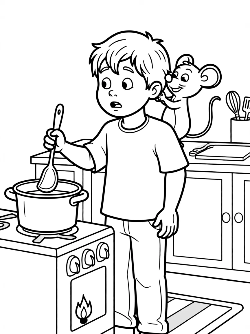 Linguini nervously trying to cook, with Remy pulling his hair.