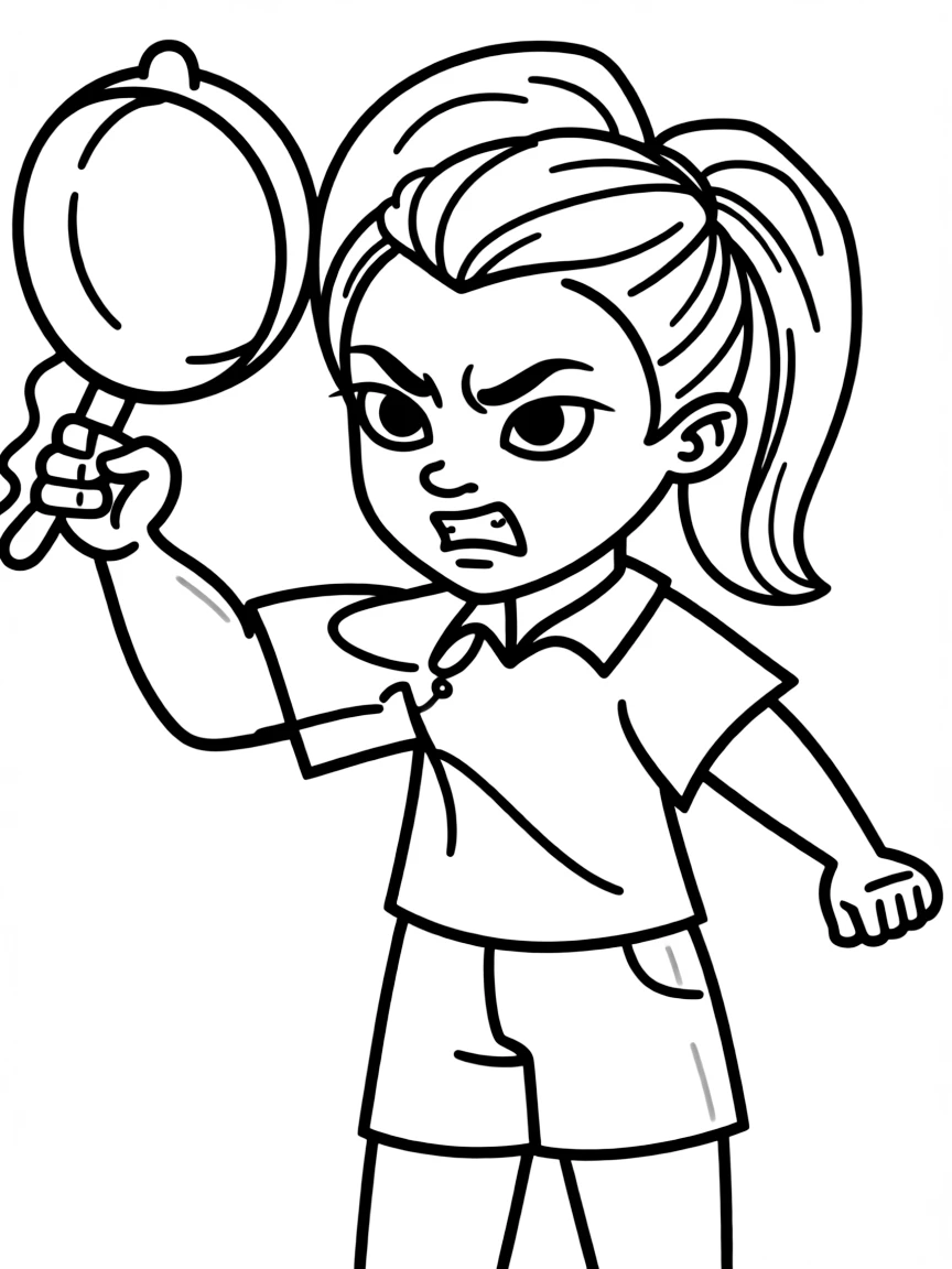 Colette looking fierce and determined, holding a cooking pan.