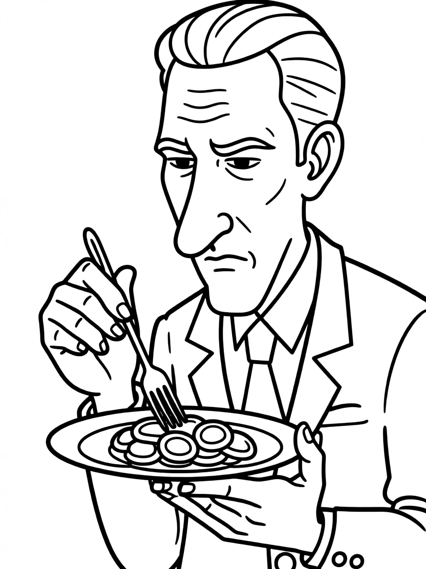 Anton Ego looking stoic and serious, tasting the ratatouille.