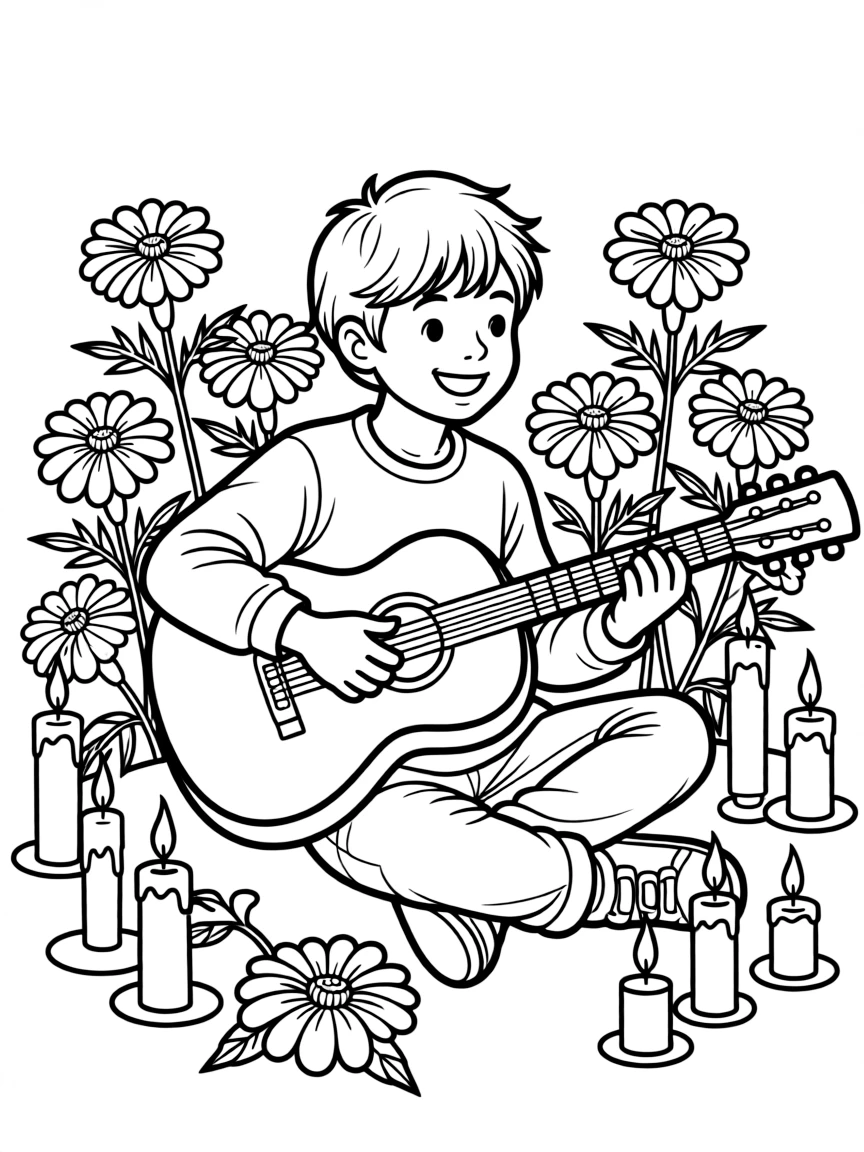 Miguel playing his guitar, surrounded by marigolds and candles.