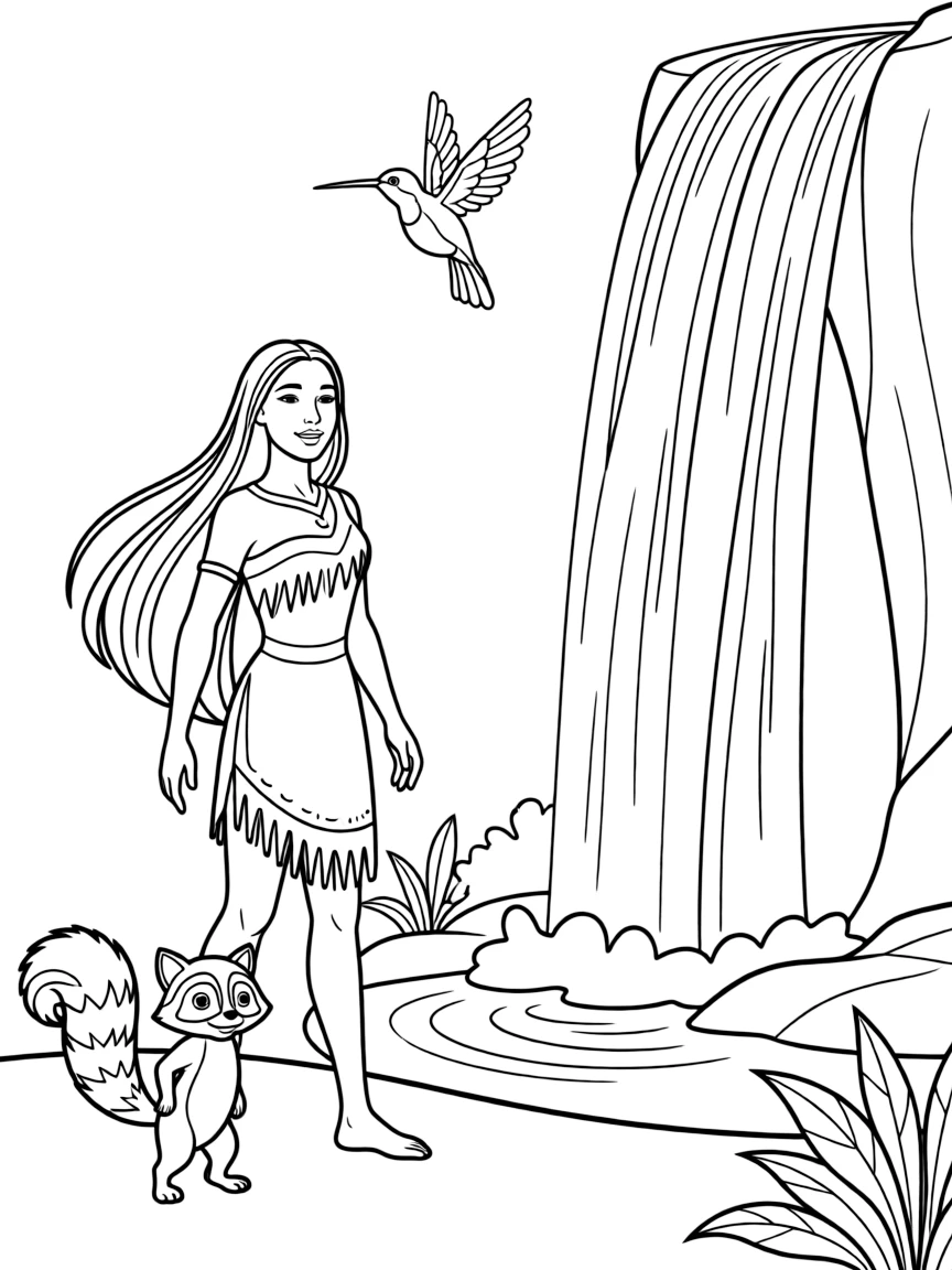Pocahontas standing by a waterfall, with Meeko the raccoon and Flit the hummingbird.