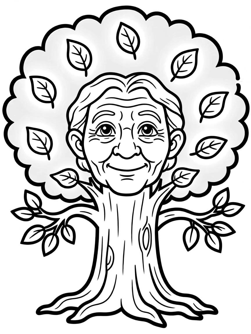 Grandmother Willow with her wise old face, surrounded by glowing leaves.
