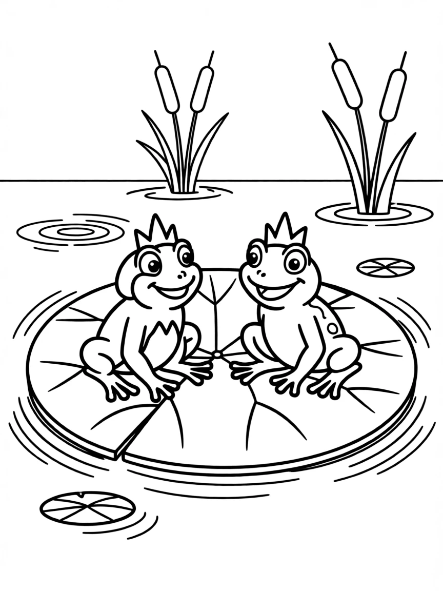 Tiana as a frog, sitting on a lily pad with Prince Naveen as a frog.