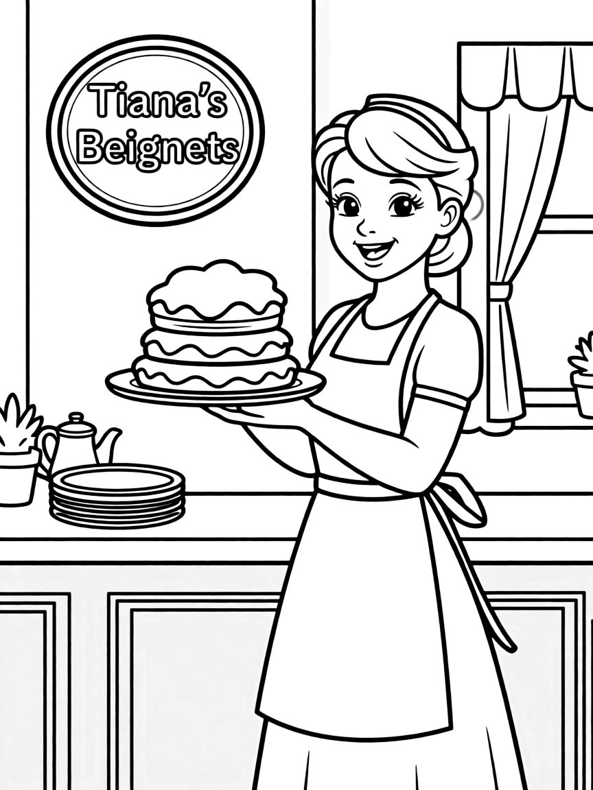 Tiana serving delicious beignets in her restaurant, with a big smile.