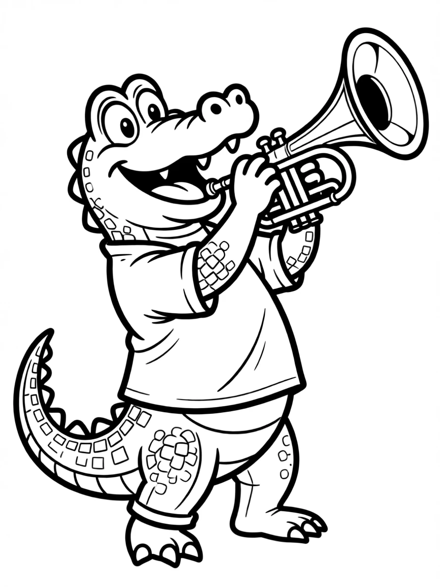 Louis the alligator playing his trumpet with gusto.