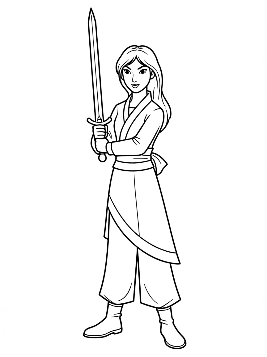Mulan as a warrior, standing strong with her sword.
