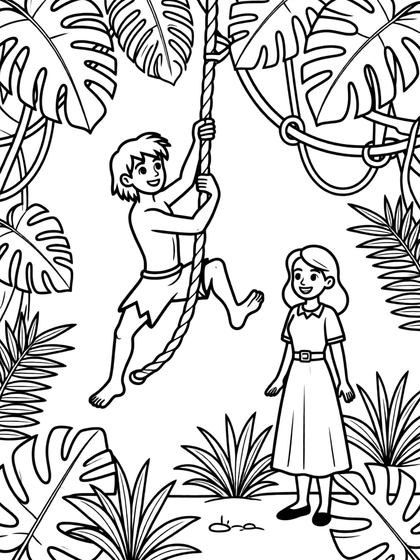 Tarzan swinging through the jungle on a vine, with Jane watching.