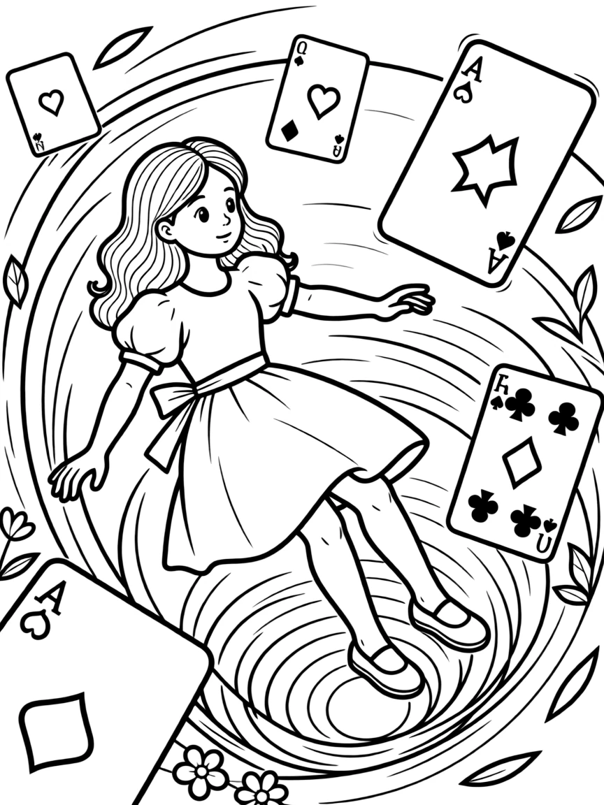 Alice falling down the rabbit hole, surrounded by playing cards.