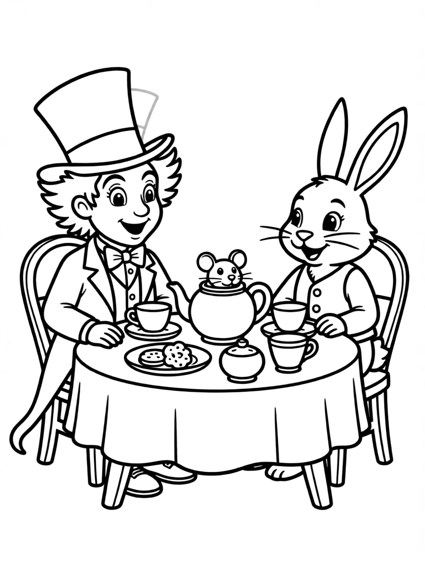 The Mad Hatter and the March Hare having a tea party, with Dormouse in the teapot.