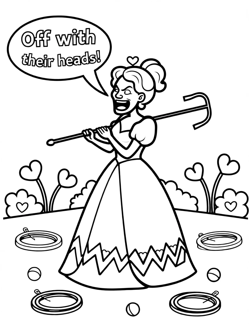 The Queen of Hearts yelling "Off with their heads!" while playing croquet.