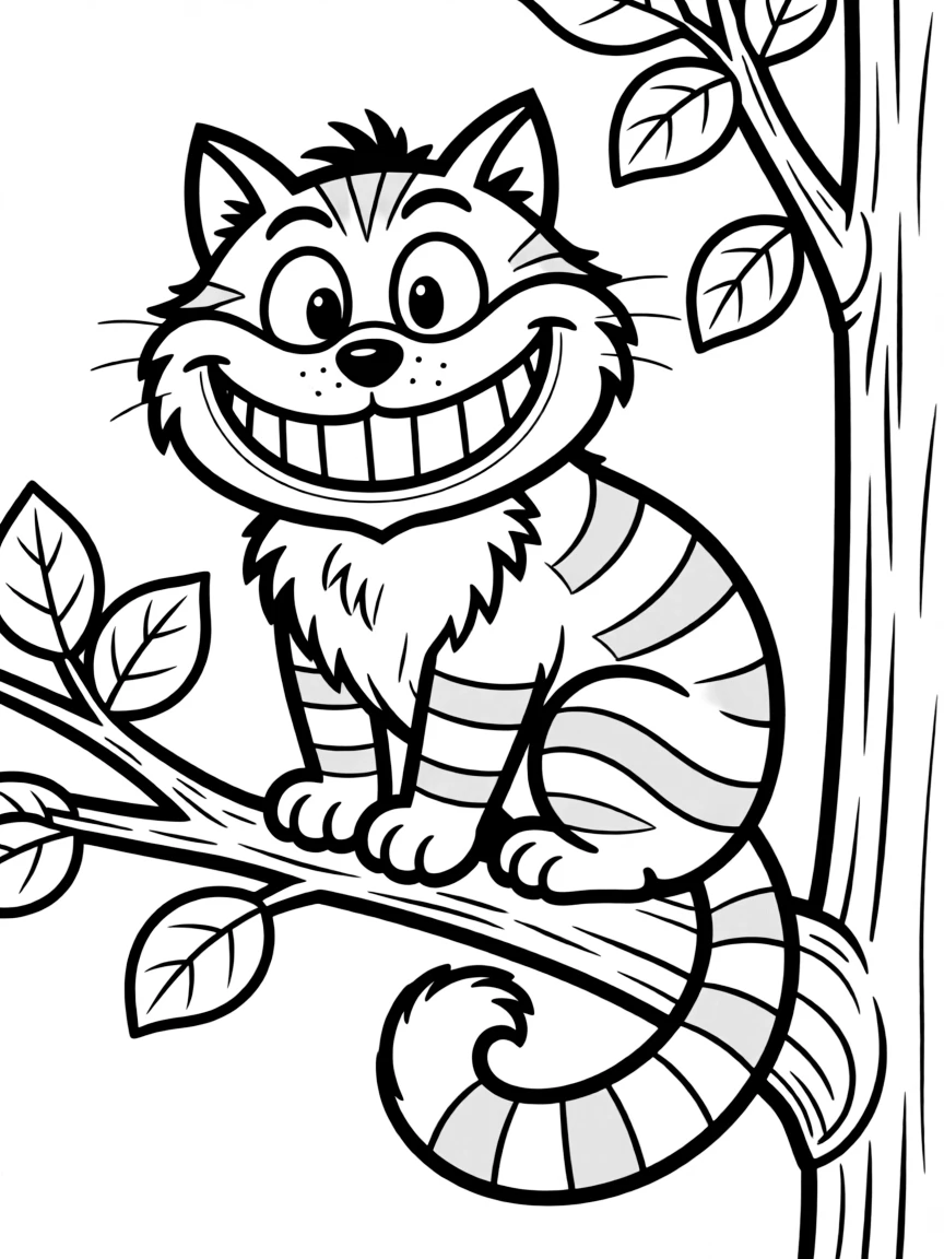 The Cheshire Cat grinning mysteriously from a tree branch.