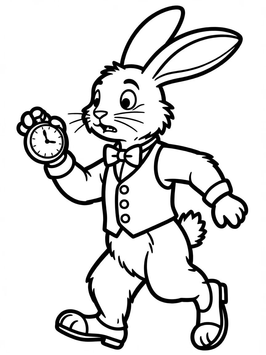 The White Rabbit looking at his watch and rushing.