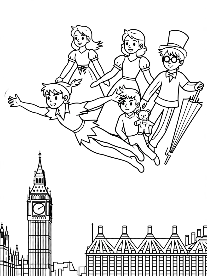 Peter Pan flying over London, with Wendy, John, and Michael following.