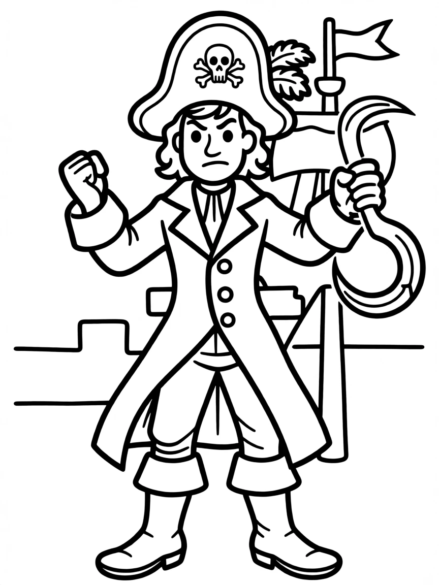 Captain Hook looking grumpy and holding his hook.