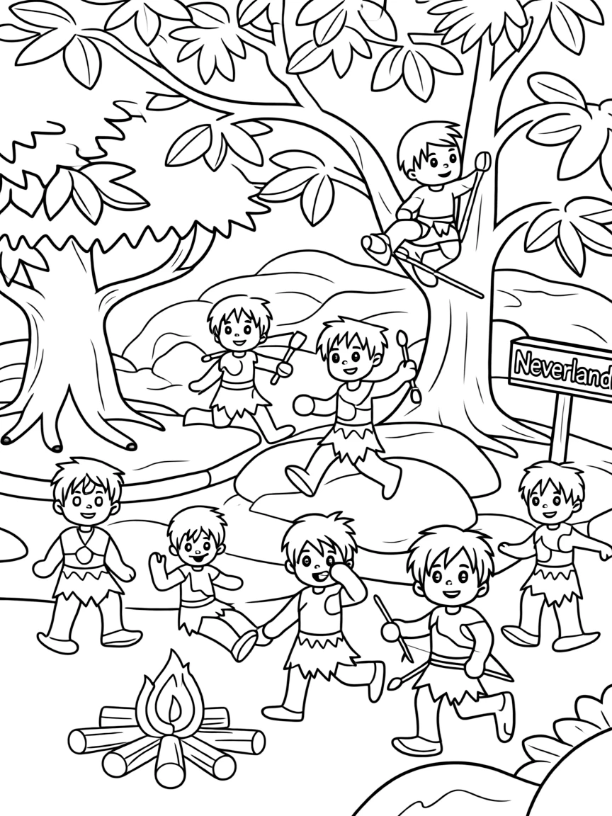 The Lost Boys playing in Neverland, wearing animal skins.