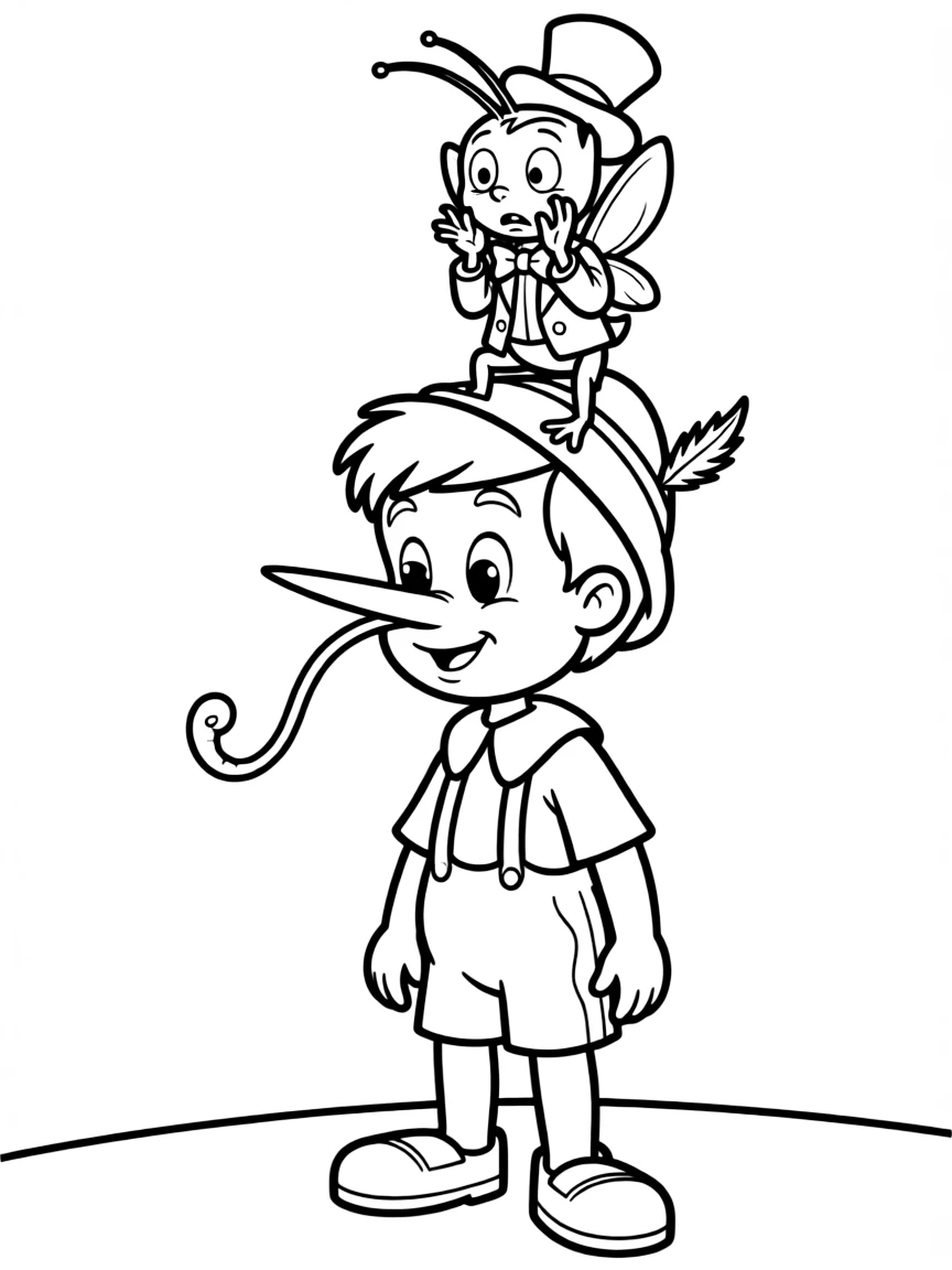 Pinocchio's nose growing long, with Jiminy Cricket looking worried.