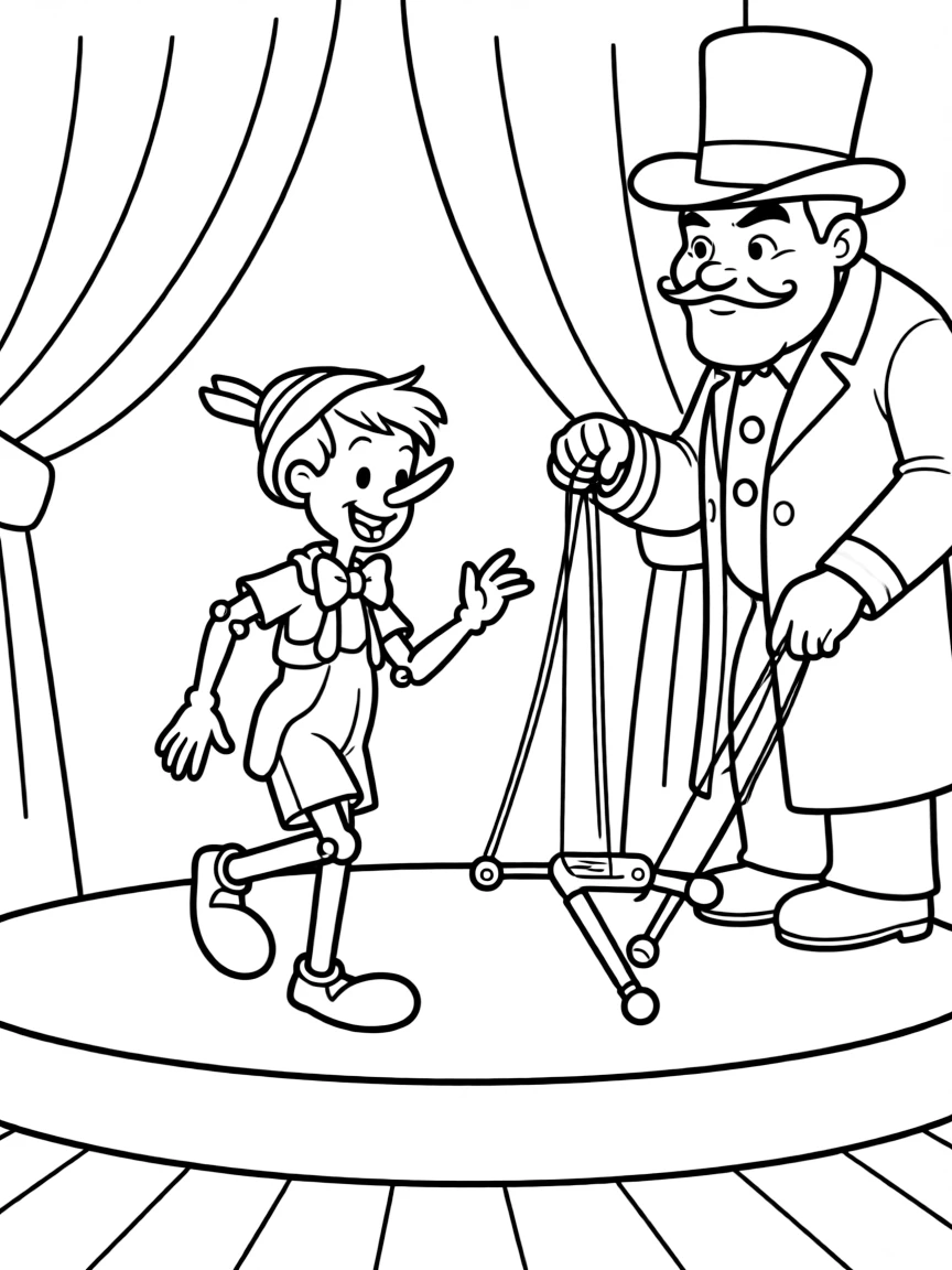 Pinocchio dancing on stage as a puppet, with Stromboli watching.