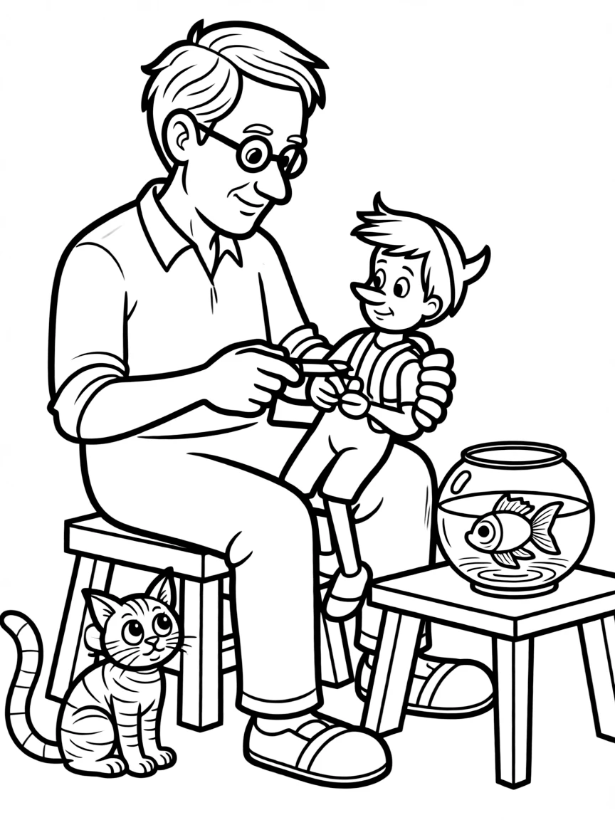 Geppetto carving Pinocchio, with Figaro the cat and Cleo the goldfish watching.