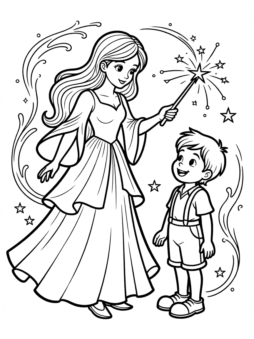 The Blue Fairy sparkling with magic, granting Pinocchio's wish.