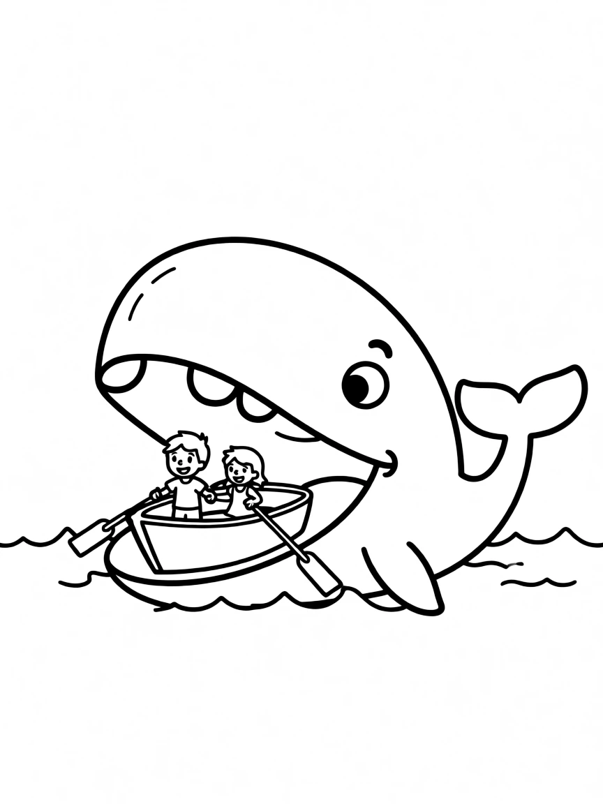Monstro the whale with his mouth open, about to swallow a boat.