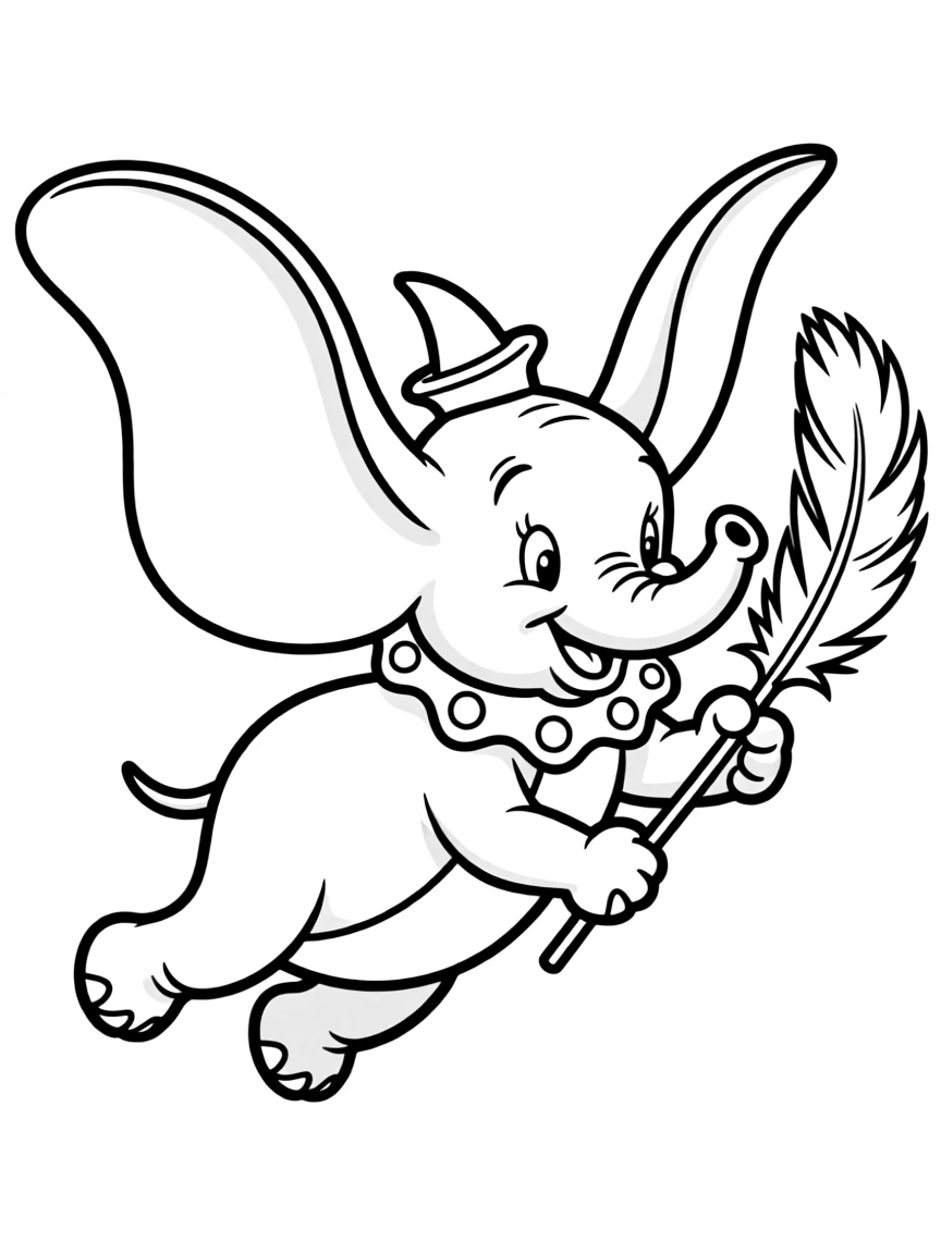 Dumbo flying with his giant ears, holding a feather.