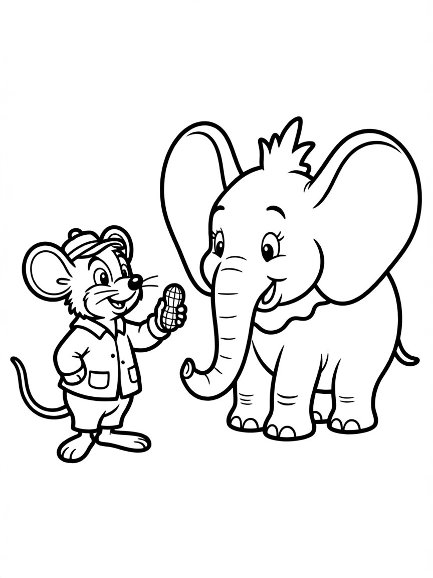 Timothy Q. Mouse encouraging Dumbo, with a peanut in his hand.