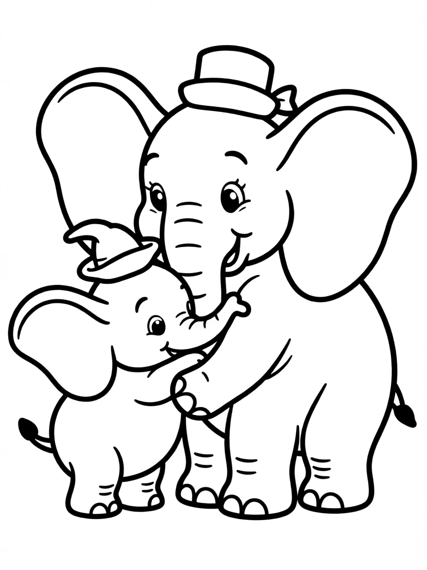 Mrs. Jumbo embracing baby Dumbo lovingly.