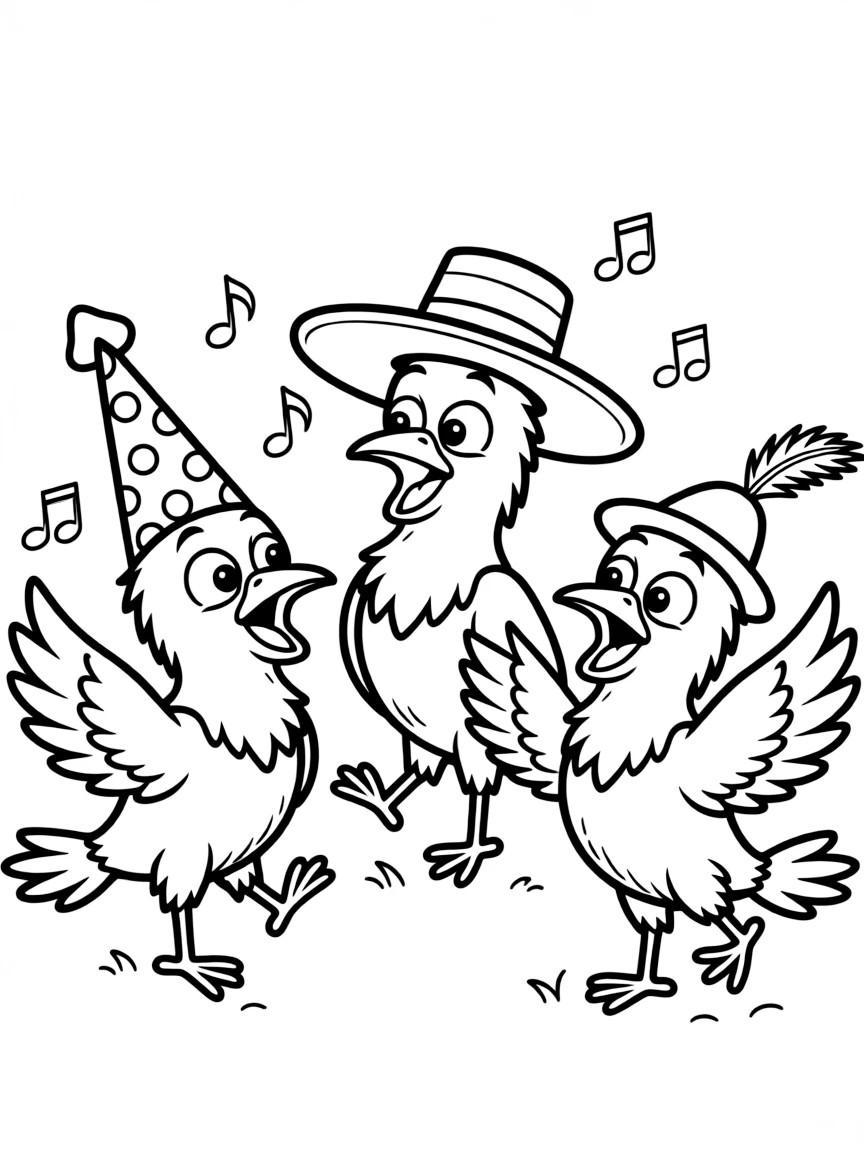 The Crows singing and dancing, wearing colorful hats.