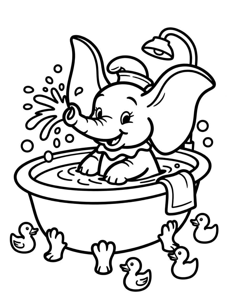 Dumbo splashing in a bathtub, looking happy.