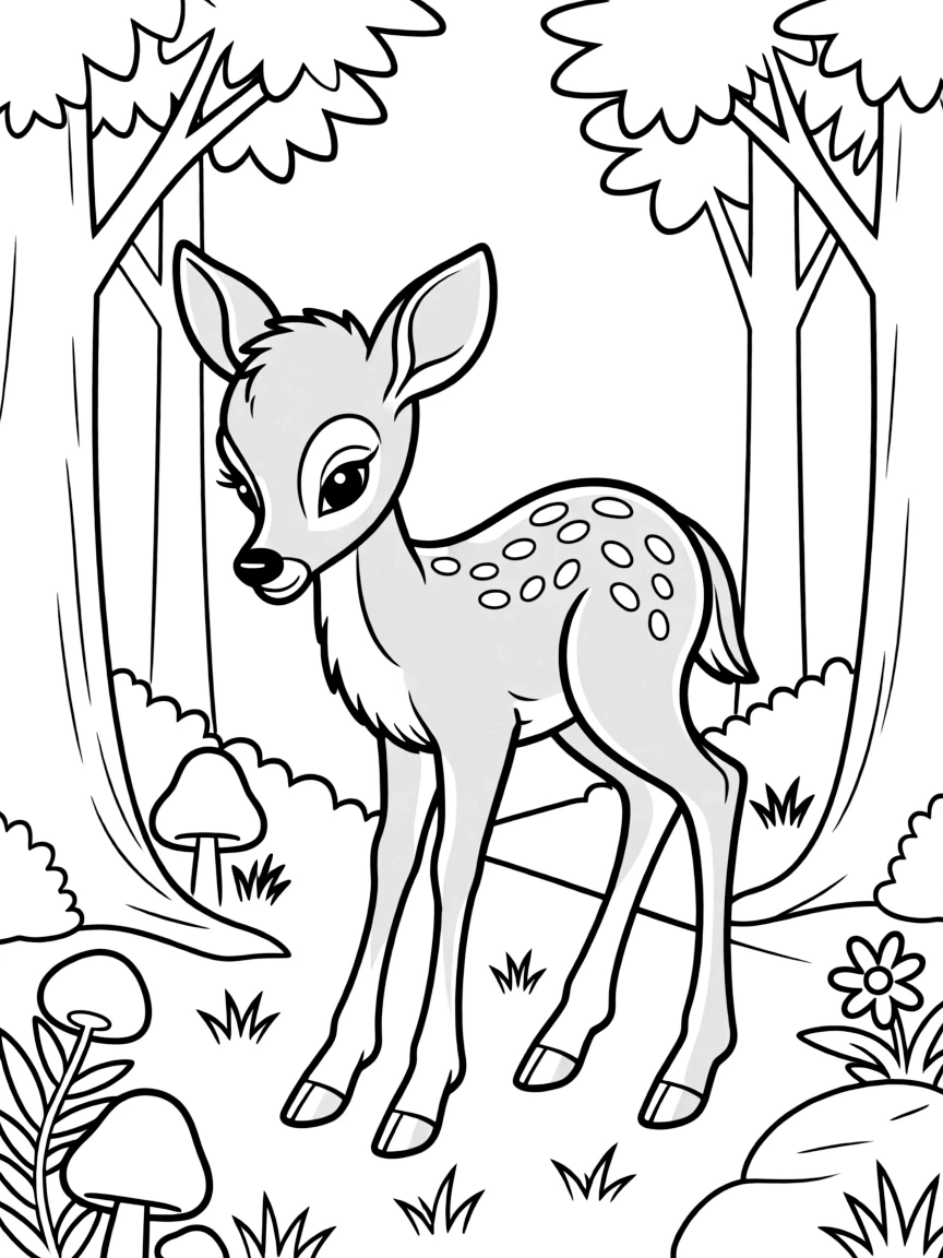 Bambi as a fawn, standing shyly in the forest.