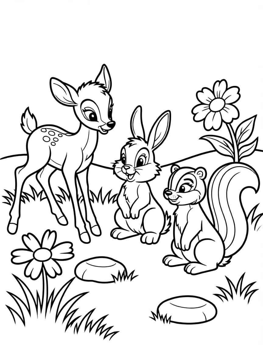 Bambi, Thumper, and Flower playing together in a meadow.