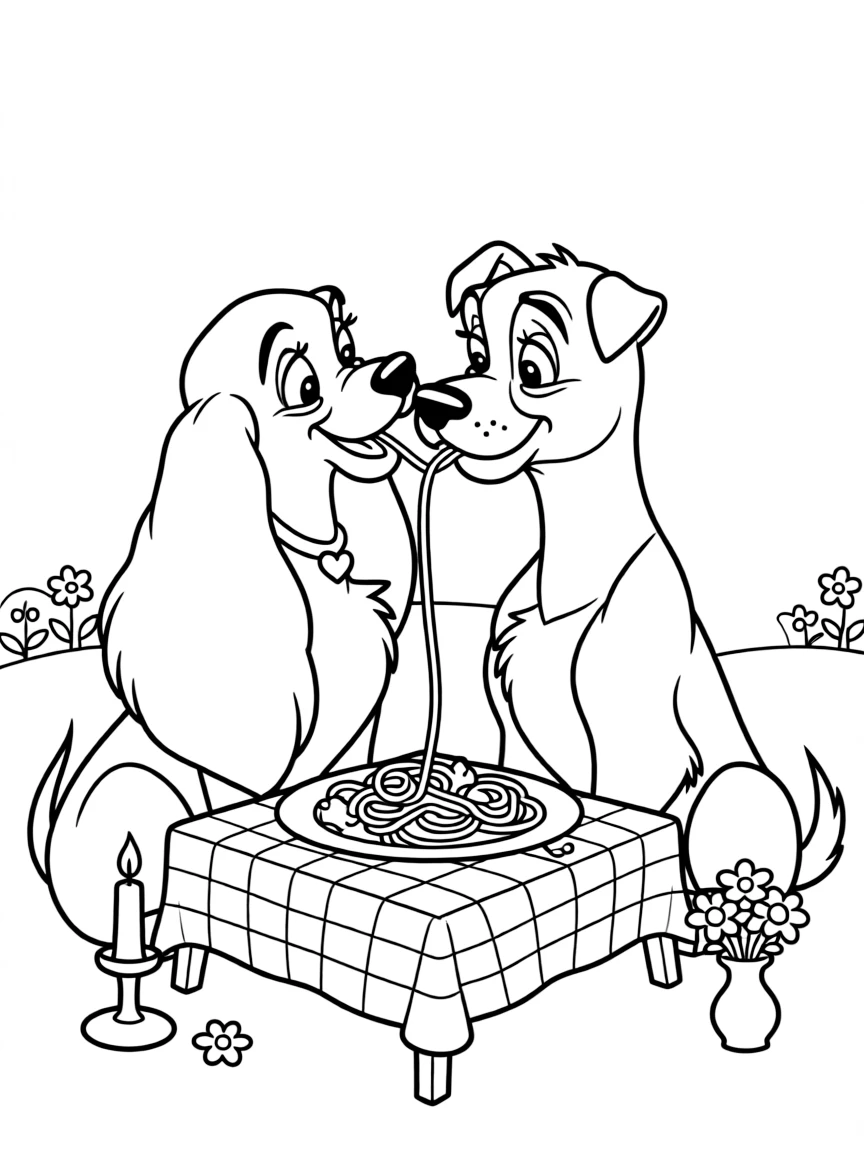 Lady and the Tramp sharing a spaghetti noodle, looking romantic.