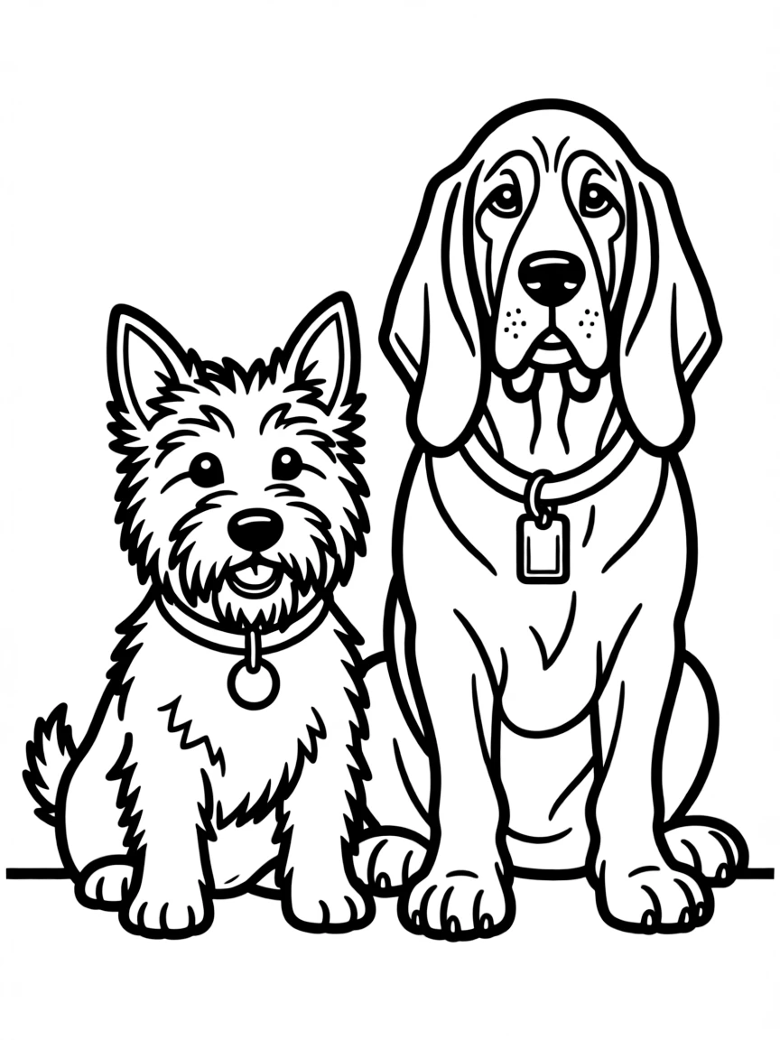 Jock the Scottish Terrier and Trusty the Bloodhound sitting together.