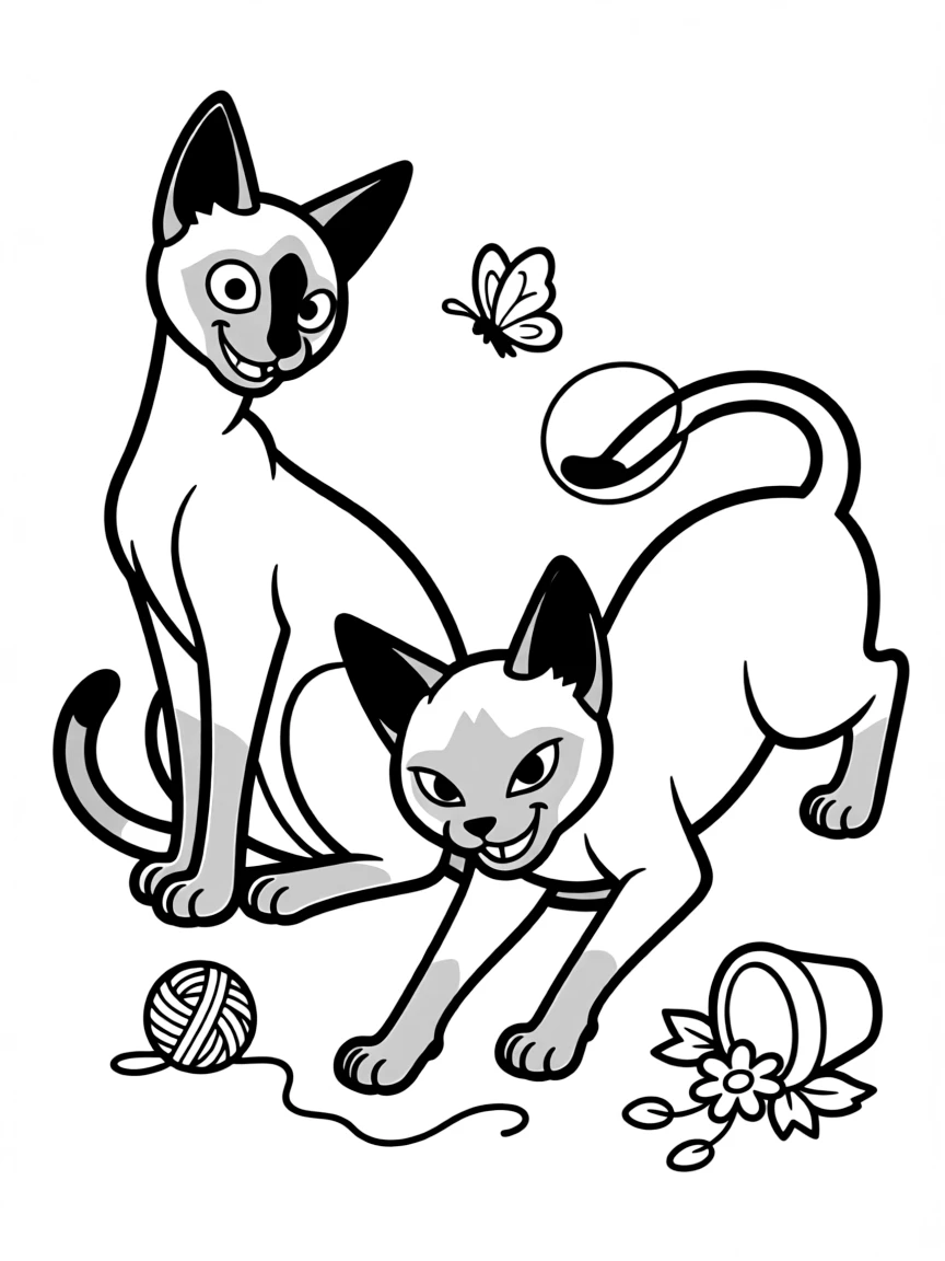 Siamese cats Si and Am looking sneaky and mischievous.