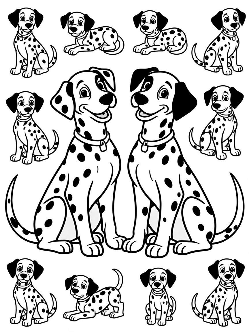 Pongo and Perdita looking proud of their many Dalmatian puppies.