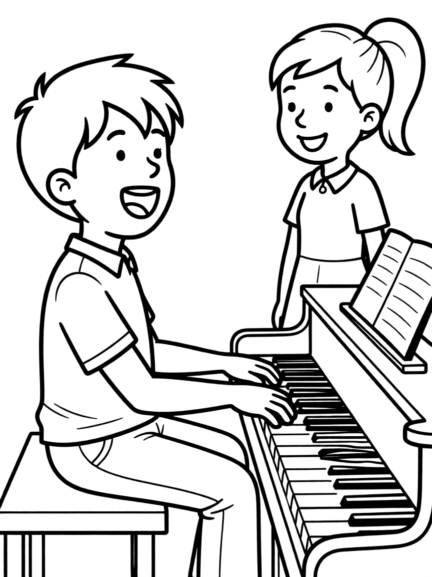 Roger playing his piano and singing, with Anita smiling.