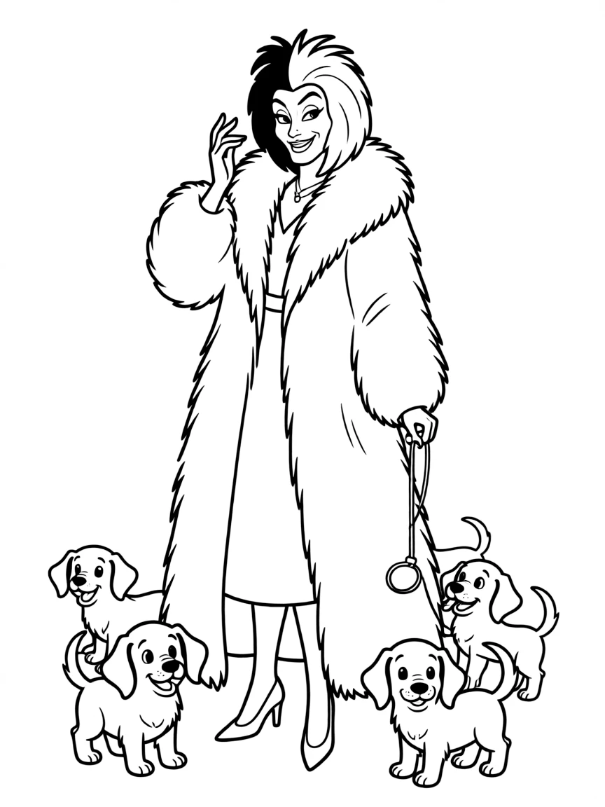 Cruella De Vil looking wicked and obsessed with puppies, with her fur coat.