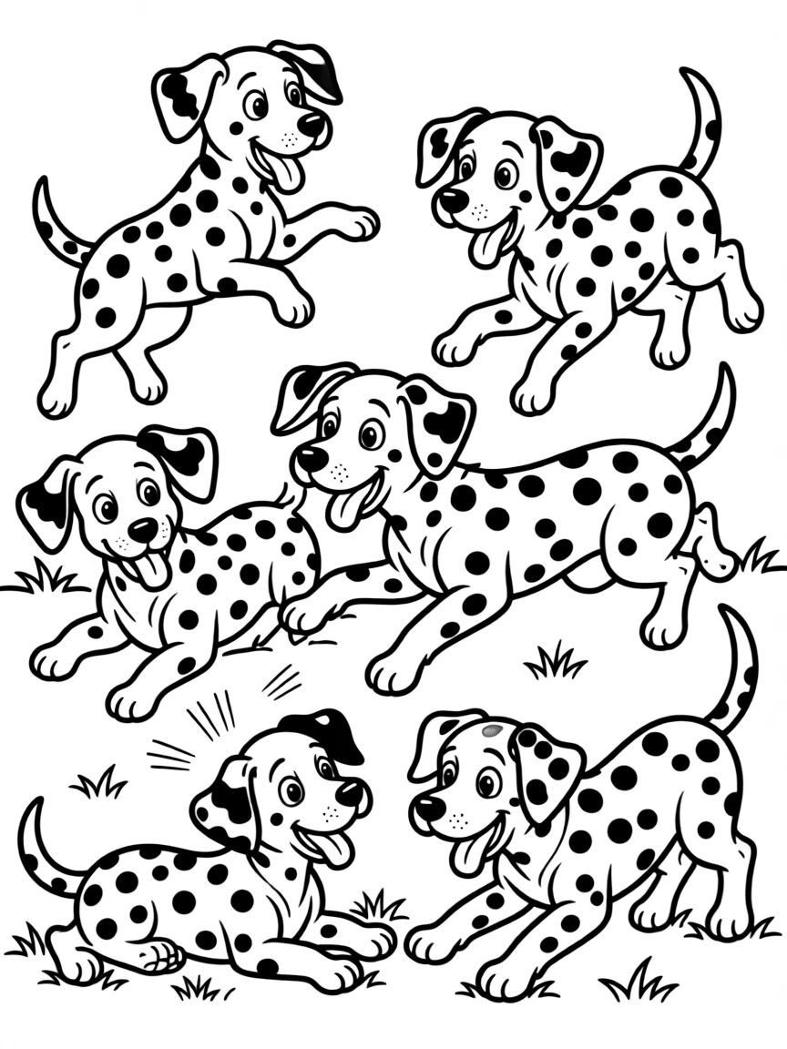 The Dalmatian puppies playing and tumbling around, with spots everywhere.