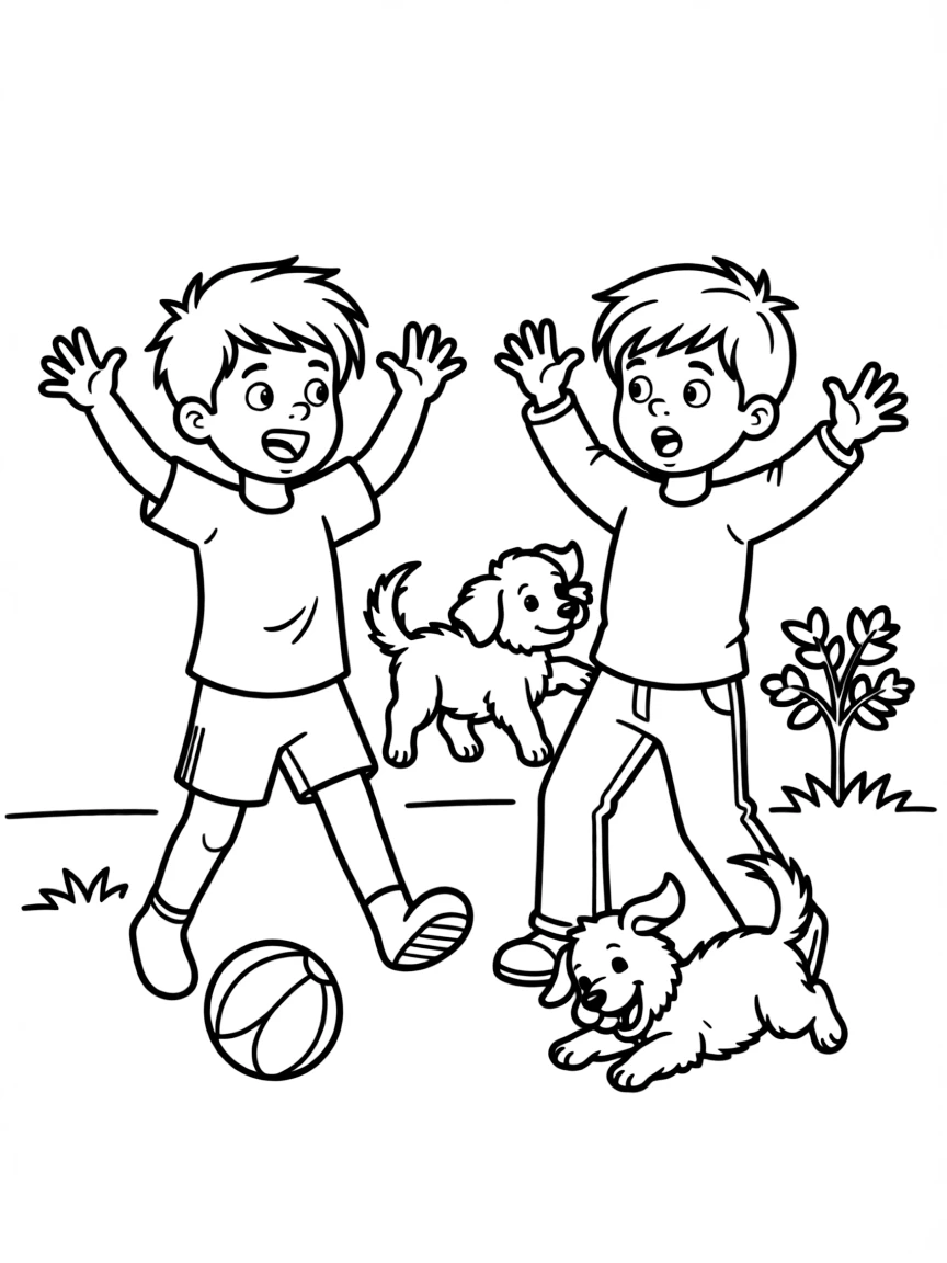 Horace and Jasper looking clumsy and trying to catch the puppies.
