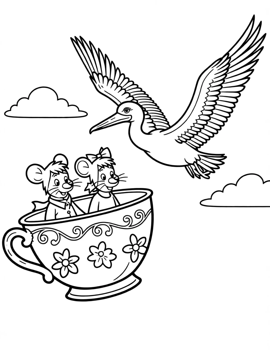 Bernard and Miss Bianca in a teacup, flying with Orville the albatross.