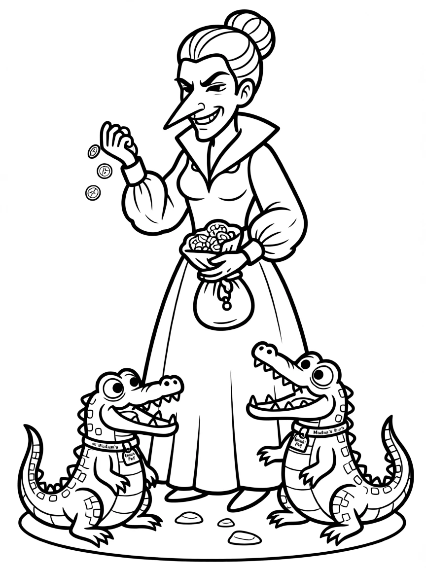 Madame Medusa looking cruel and greedy, with her pet crocodiles.