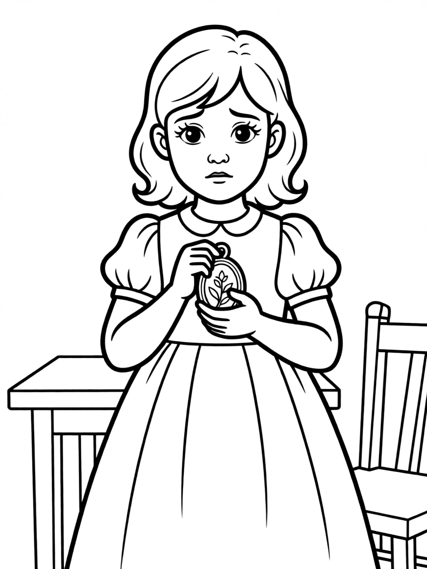 Olivia Flaversham looking sad but determined, holding a locket.