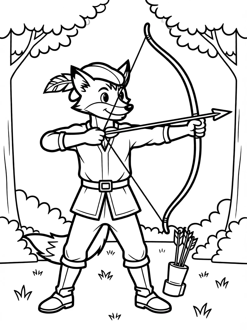 Robin Hood as a fox, shooting an arrow with a smile.