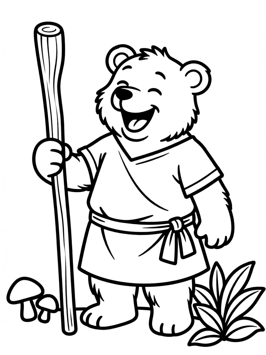 Little John as a bear, laughing and holding a staff.